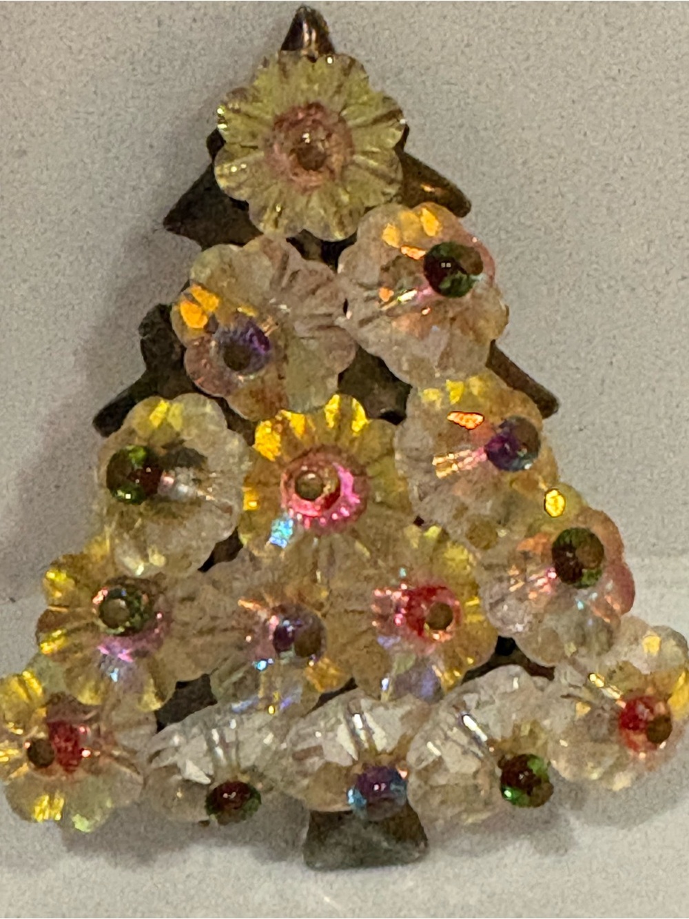 Vintage Christmas Tree Rhinestone Cluster Brooch Pin Gold Tone AB Crystal